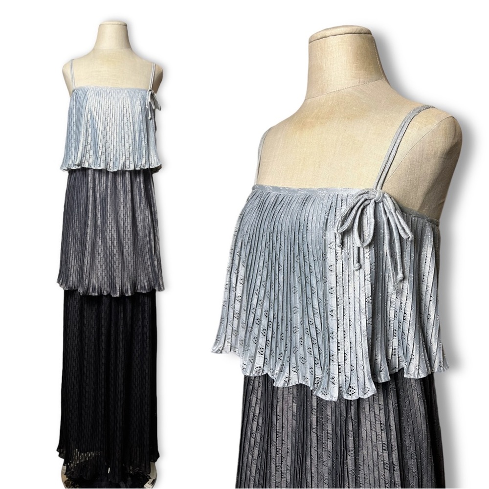 1970s Vintage Tiered Pleated Gray Black Maxi Long Dress A.J. Bari Formal Prom